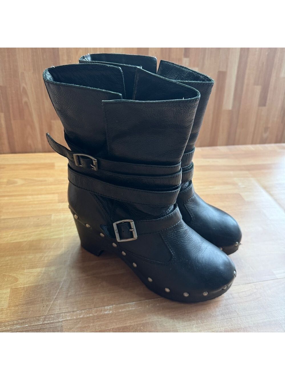 Matisse "Nixie" black leather motorcycle wedge studded boots , size 7